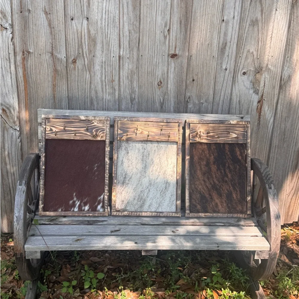 Rustic Wooden Framed Mirror - Distressed Brown Frame - cowhide Jewlery holder